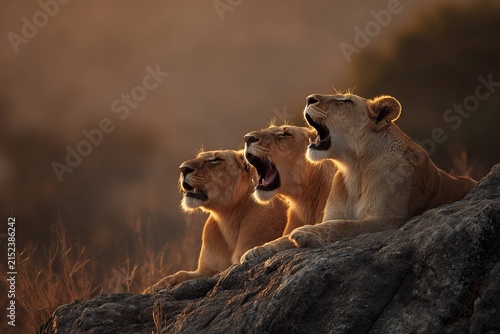pride of lions roaring on rocky kopje at dusk