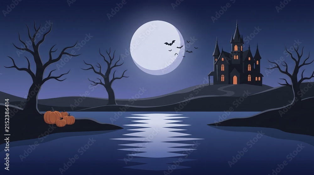 Fototapeta premium Spooky haunted mansion on a hill overlooking a dark lake under a full moon