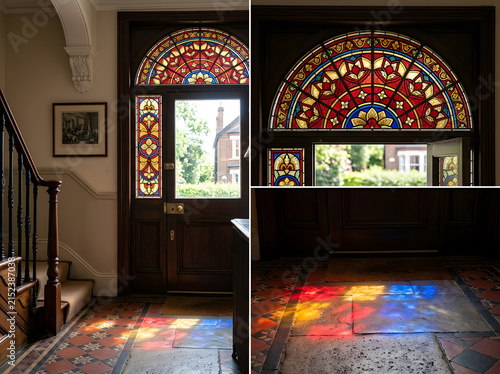Victorian entryway stained glass door | light reflecting through stained glass window | traditional hallway with encaustic floor tiles | historic home interior entrance hall