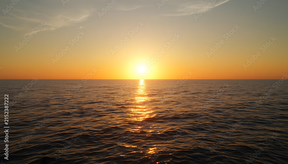Fototapeta premium Brilliant Golden Sunset Over Calm Ocean Horizon with Warm Reflections Across the Water, Peaceful Evening Seascape