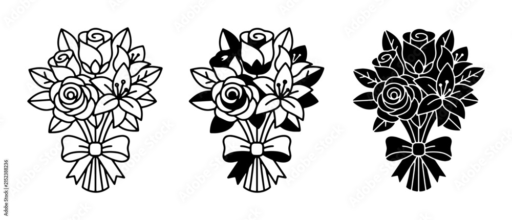 Fototapeta premium Floral Bouquet Vector Icons: Rose and Lily Arrangements, Elegant Bow Tie Graphics, Black and White Line Art and Silhouette Designs for Celebration and Romance