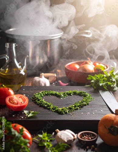 Fresh steaming ingredients create a warm, inviting kitchen atmosphere with chopped herbs arranged in a heart shape on a rustic board, evoking a passion for home cooking. Nobody.