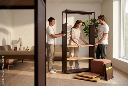 Young couple assembling adaptable modular furniture in a contemporary home, representing product longevity, repairable design, furniture reuse and circular interiors.