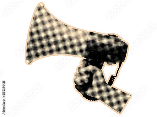 Halftone hand holding megaphone art collage on transparent background