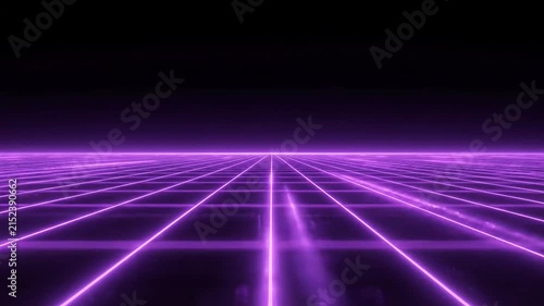 Purple neon perspective grid extending into dark distance.