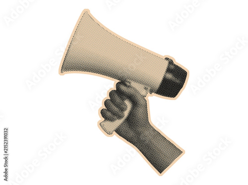 Halftone hand holding megaphone art collage on transparent background