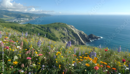 Lush Green Coastal Mountain and Wildflower Landscape Overlooking a Deep Blue Ocean Under Clear Sky