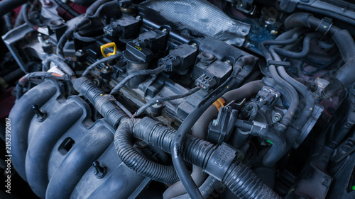 Close Up of Car Engine Components and Wiring Under the Hood