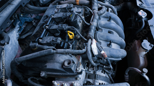 Close Up of Car Engine Components and Wiring Under the Hood