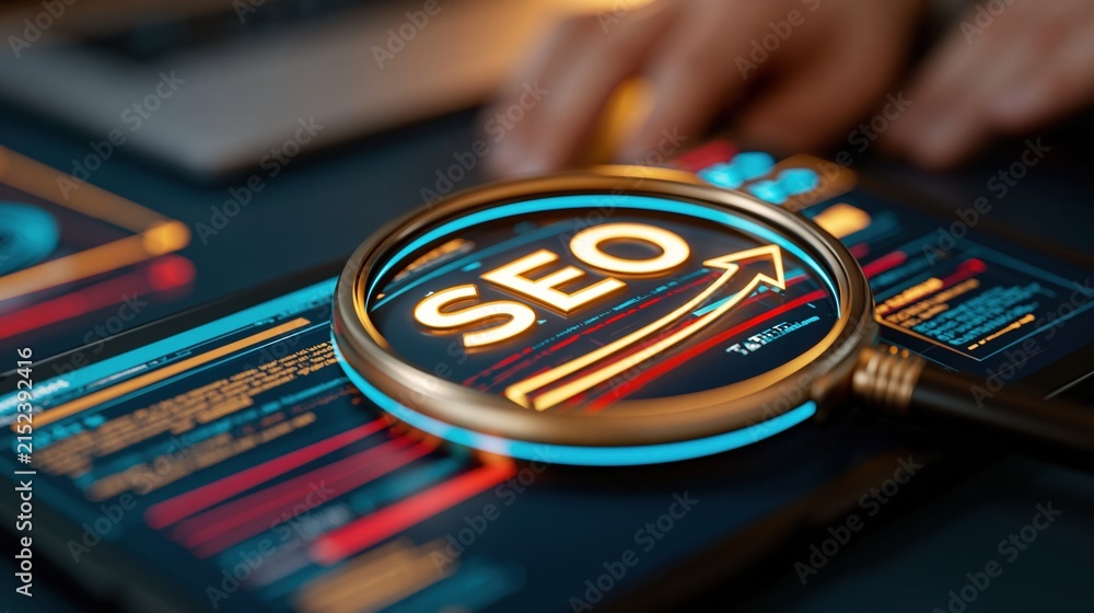 Obraz premium Magnifying glass over SEO text on digital screen with upward trending graph and hand in background