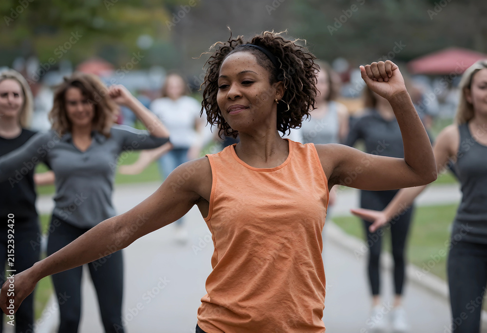 Fototapeta premium African american woman leading an outdoor fitness class with diverse participants, promoting health and wellness