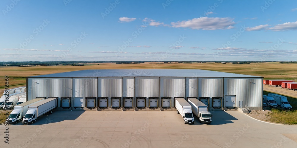 Fototapeta premium Expansive Distribution Warehouse with Multiple Loading Docks and Trucks in a Rural Landscape Under Clear Blue Sky