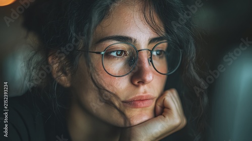 Thoughtful woman with dark curly hair wearing glasses, resting her chin on her hand, looking intently at something off-camera with a serious, contemplative expression in a low-light setting