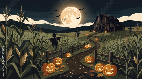 Spooky halloween night scene with glowing jack o lanterns in a cornfield under a full harvest moon