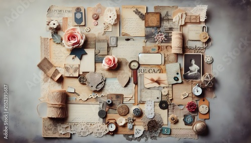 A vintage collage featuring antique ephemera dried roses old photographs and lace elements arranged artistically on a textured light grey background surface