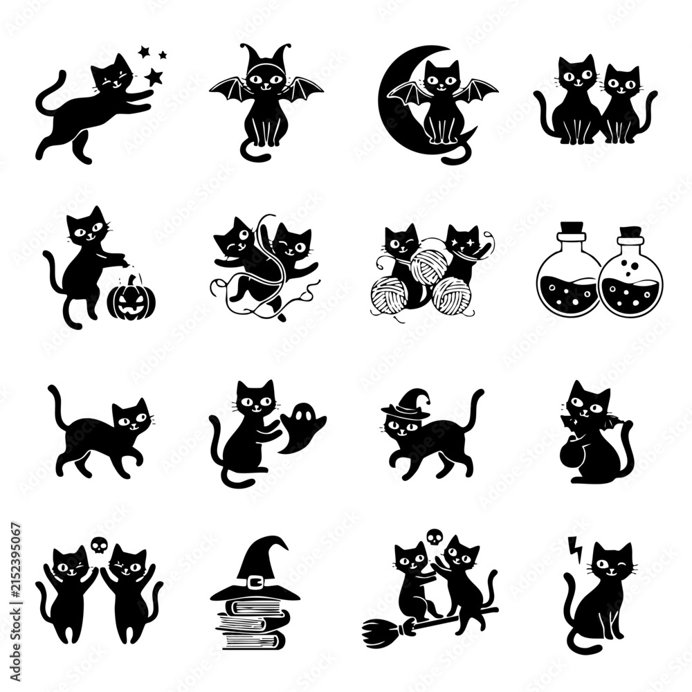 Fototapeta premium Set of cute black cat icons for halloween celebration and spooky holiday design elements