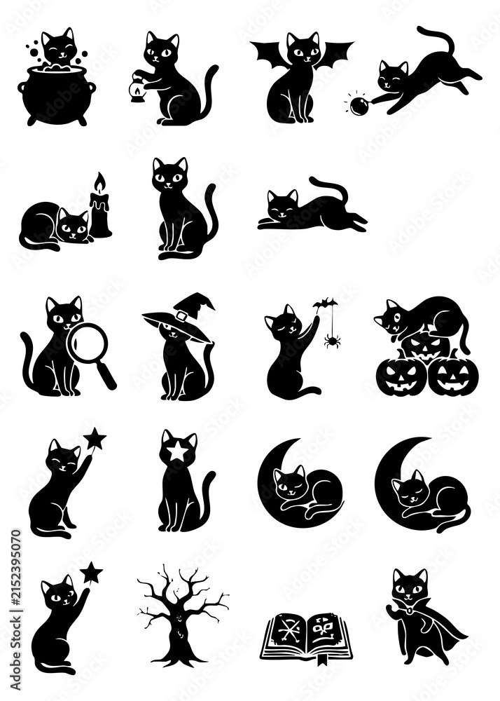 Fototapeta premium Set of cute black cat silhouettes for halloween design with various poses and magic elements