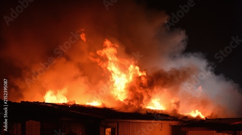 Intense night fire engulfs a building roof, spewing bright orange flames and thick, dark smoke into the night sky, creating a dramatic and destructive scene
