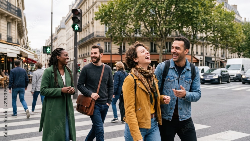 Obraz premium Friends walking city street laughing together outdoors in an urban environment with historic European architecture.