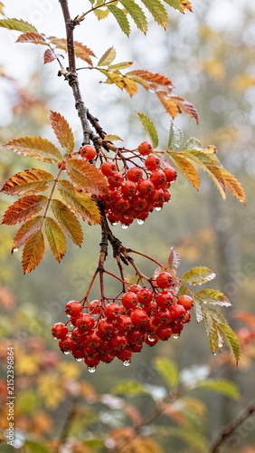 Cluster of bright red rowan berries hanging from a branch with autumn leaves, droplets of water visible on the berries, blurred forest background