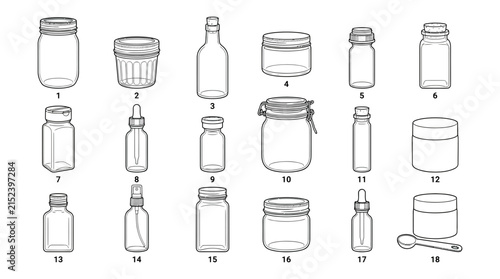 Detailed collection of assorted glass bottles and jars displayed in a crisp black and white vector illustration style perfect for packaging design layouts or creative laboratory equipment project bran