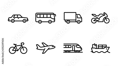 Collection of transportation vector icons showing diverse vehicles like cars buses trucks motorcycles bicycles airplanes trains and cargo ships designed with clean black outlines for modern digital in