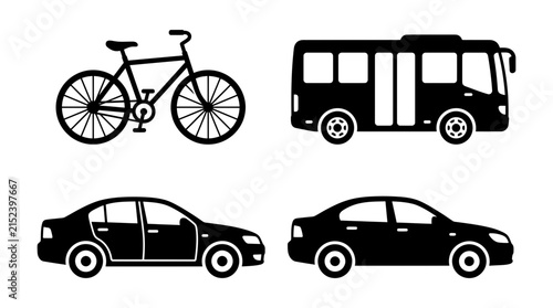 Minimalist vector illustration set featuring black silhouette icons of different city transport vehicles including a bicycle a passenger bus and two distinct sedan cars for modern graphic design proje