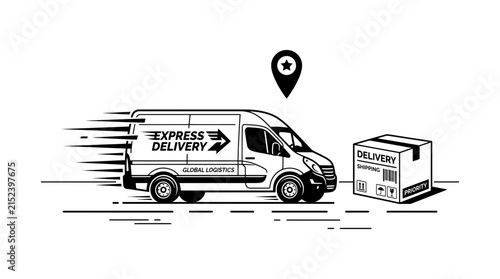 Express delivery van graphic illustration featuring a fast moving vehicle with speed lines and a location pin marker arriving at a package box for efficient global logistics and courier services