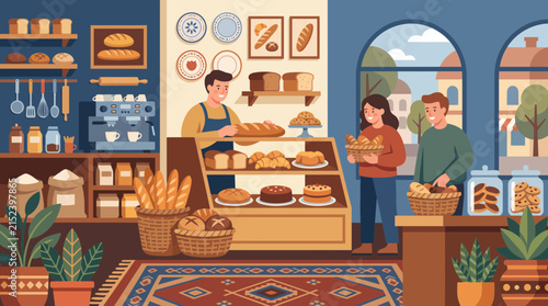 Warm bakery interior with bakers behind counter full of loaves, pastries and breads while happy customers choose fresh goods.