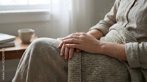 World mental health day close up of a womans hands resting on her lap while sitting under a cozy blanket, with a cup of coffee and books on a table nearby