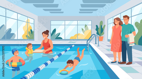 Bright indoor pool complex with swimmers in lanes, children playing, parents watching and large windows letting light in.