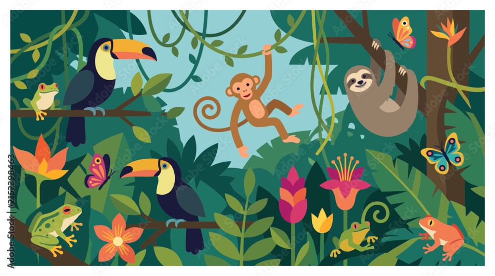 Obraz premium Lush jungle scene with toucan monkey sloth and tropical plants flowers in deep green blue and orange tones.