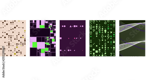 Five abstract panels displaying scattered geometric shapes, a grid of blocks, and flowing wave patterns in various colors and dark backgrounds
