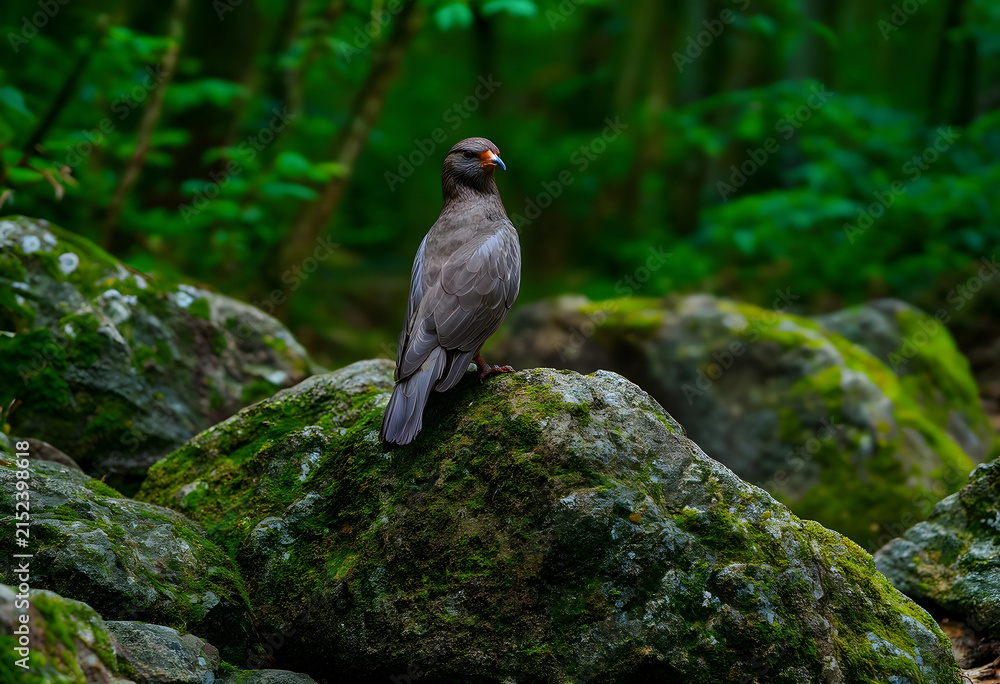 Obraz premium Brown bird with an orange beak perched on a mossy rock in a lush green forest environment, wildlife and nature conservation
