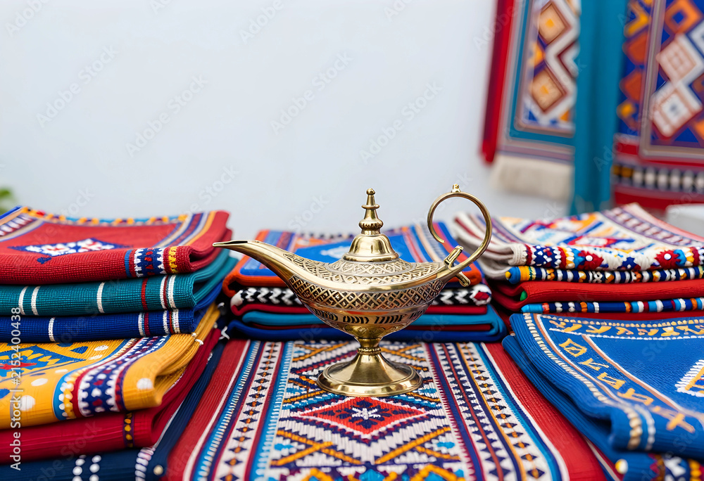 Fototapeta premium Golden aladdin lamp on traditional middle eastern patterned textiles, arabian culture and folklore