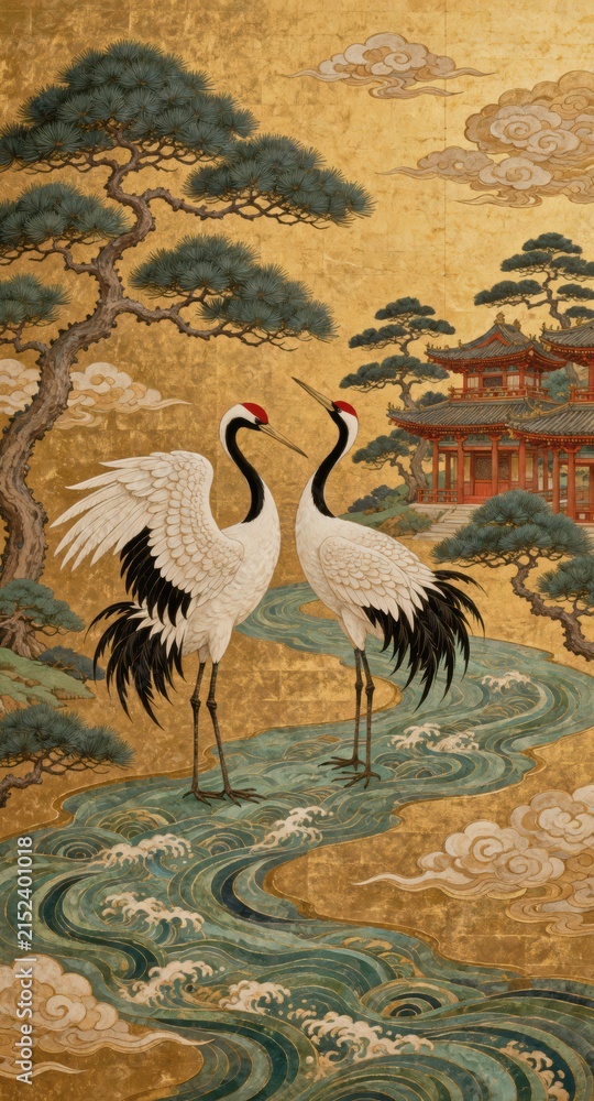 Obraz premium Traditional asian painted screen with pair of red crowned cranes standing on winding stylized river near temple pavilion, gold leaf background