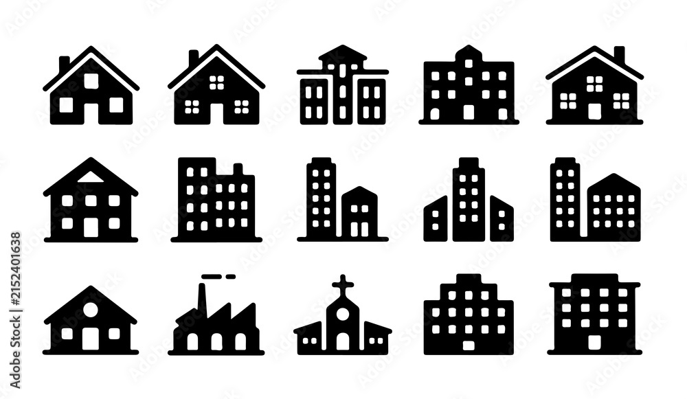 Obraz premium Collection of diverse building icons including houses apartments and factory for urban planning.
