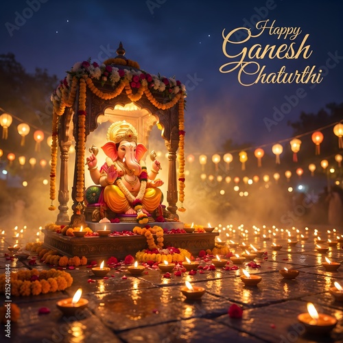 Ganesh deity in ornate shrine lit by diyas celebrates Ganesh Chaturthi festival.