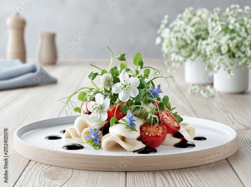 Elegant gourmet pasta dish with cherry tomatoes flowers and basil on stylish white plate in modern kitchen setting with fresh herbs in the background