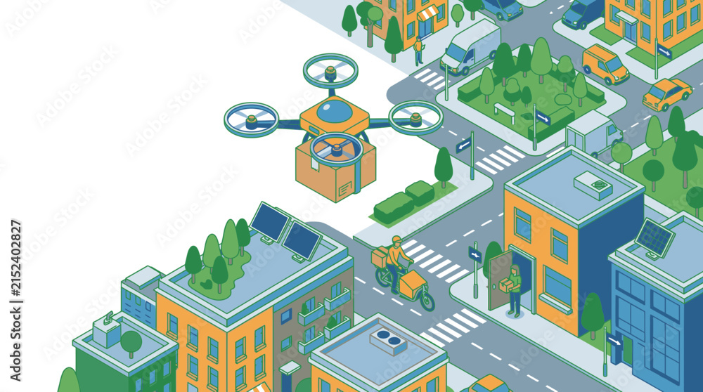 Fototapeta premium Delivery drones carry cardboard package boxes over a modern isometric smart city street with buildings and roads.