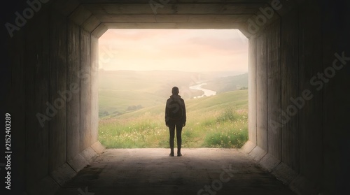 World mental health day a person standing at the exit of a concrete tunnel looking out at a scenic landscape with a winding river at sunset