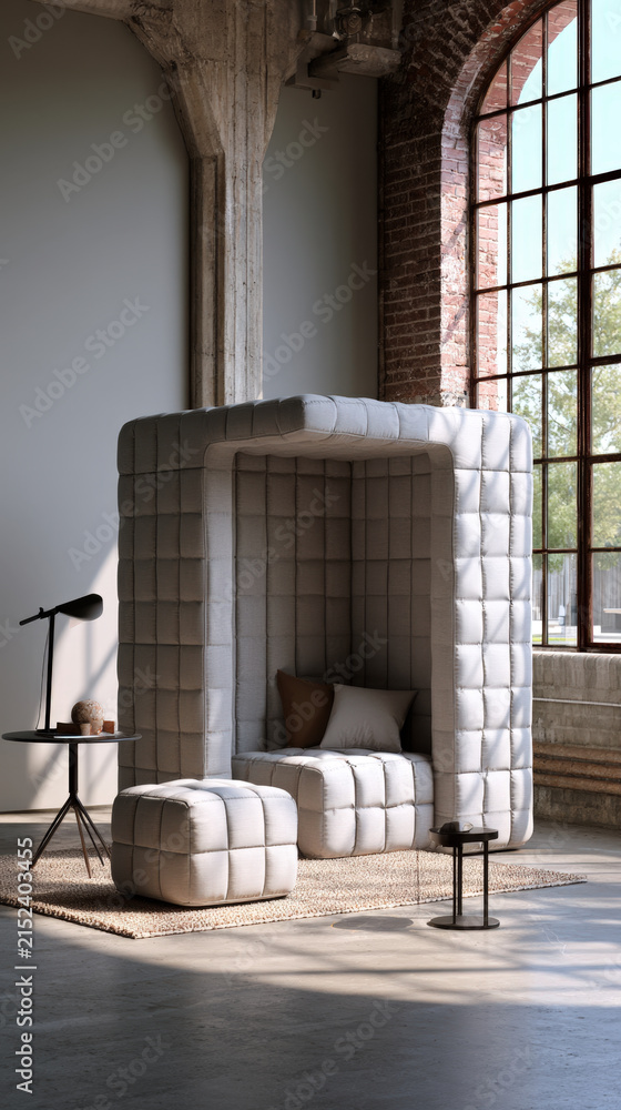 Obraz premium Quilted Acoustic Privacy Booth in Industrial Loft Interior with Copy Space