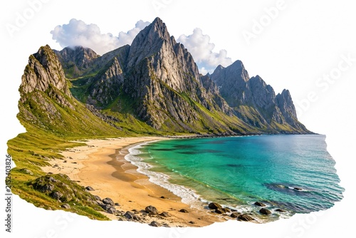 Beautiful tropical beach with high rocky mountains and clear ocean water