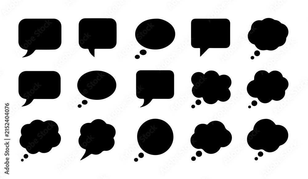 Fototapeta premium Thought bubble icons display black silhouettes of thinking clouds and message boxes for conceptual dialogues.