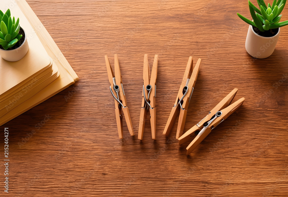 Obraz premium Wooden clothespins and paper stack with a small succulent plant on a rustic wooden desk, office organization and home decor