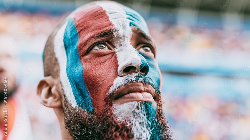Fototapeta premium Supporter with a beard and face paint in national colors, intently watching the game, expressing patriotism and sports fandom