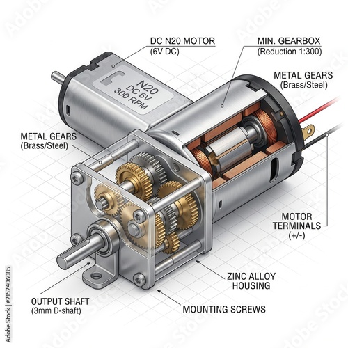 Technical diagram and anatomy of a dc geared electric motor with electric mechanical engineering technical component industrial assembly electronics rotation manufacturing technology