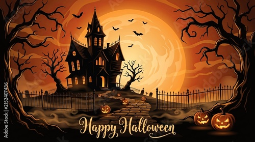 Spooky haunted mansion with a giant full moon and jack o lanterns for a happy halloween holiday background