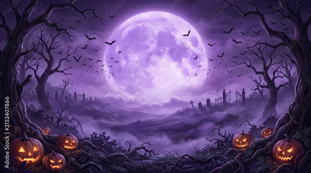 Obraz premium Spooky halloween night background featuring a giant purple full moon with silhouetted trees and glowing jack o lanterns