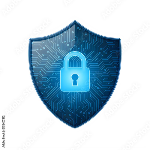 Blue digital shield icon with a padlock for cyber security